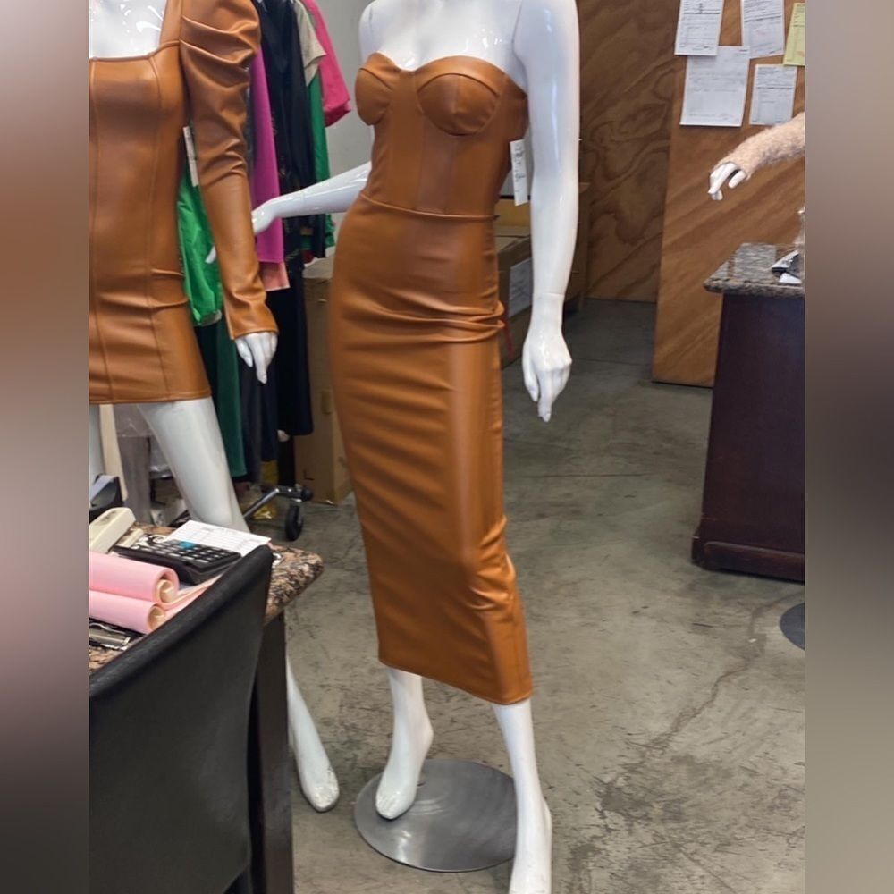 new, brown leather effect strapless mid-calf dress